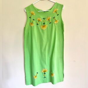 Vintage 70s Green Dress Embroidered Yellow Flowers